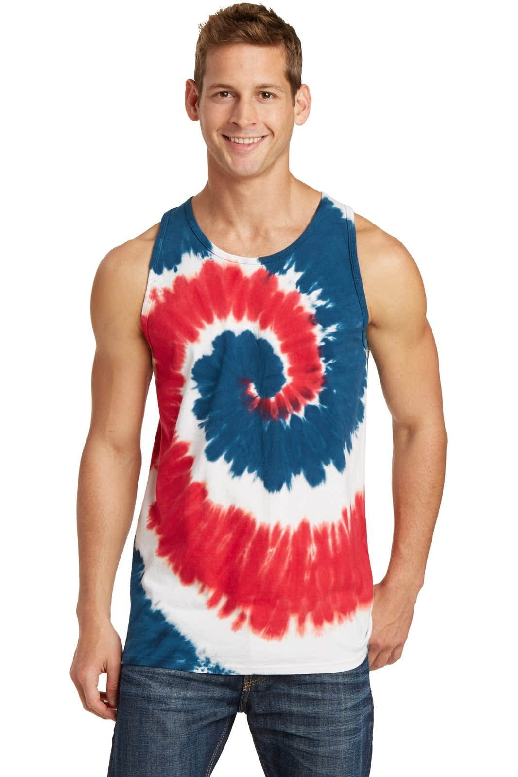 A man wears a red, white, and blue tie-dye tank top featuring a spiral design. The tank top has a branding logo.