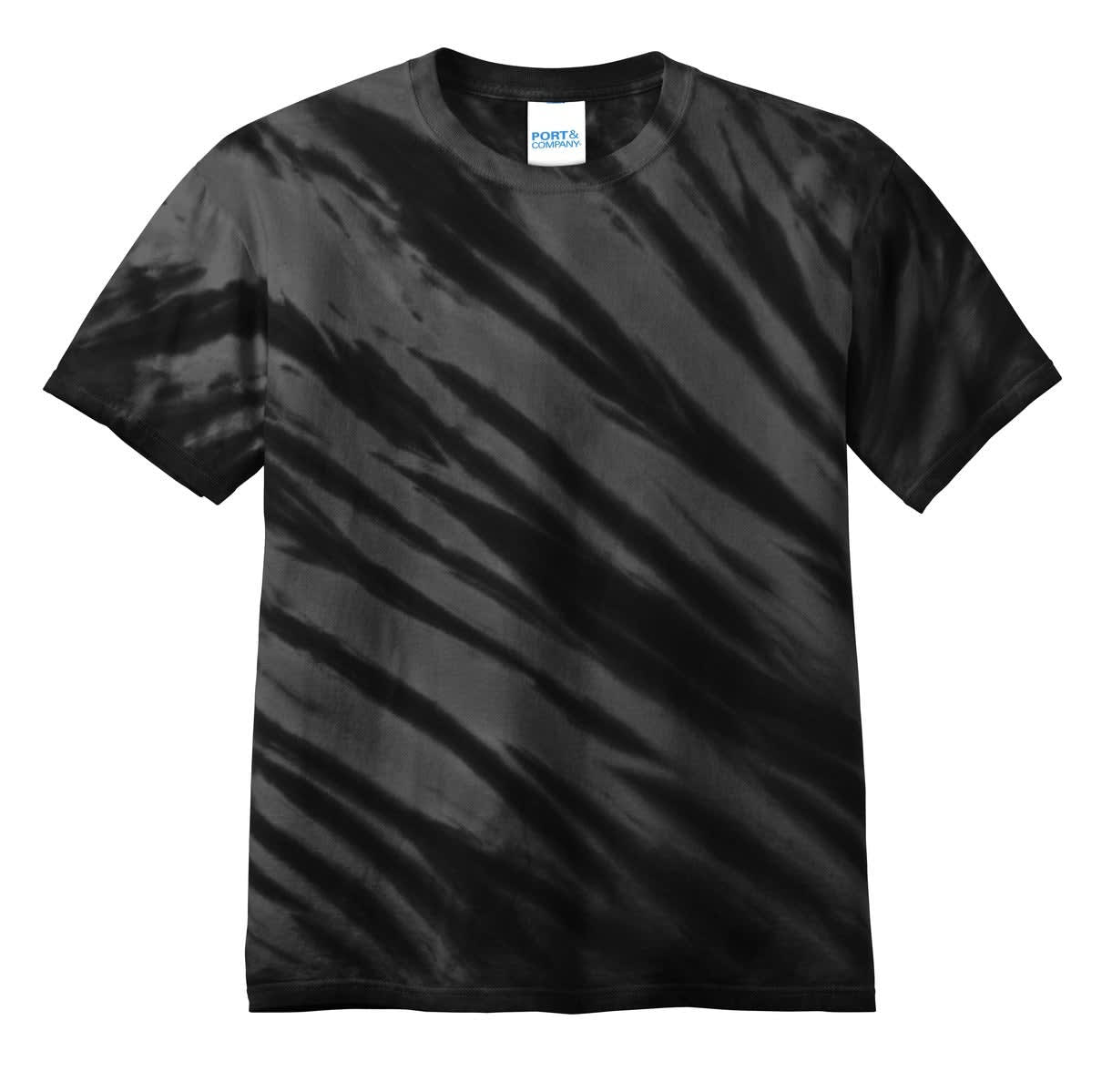 A black tie-dye t-shirt featuring a tiger stripe pattern, with a label in the collar area.