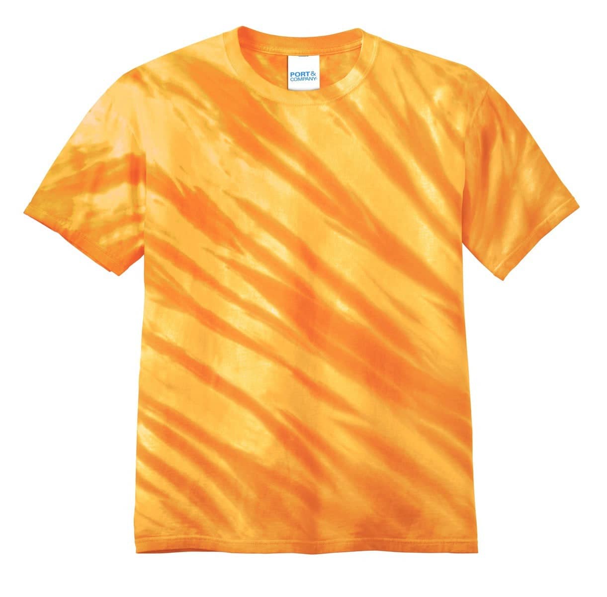 A bright orange tie-dye T-shirt featuring tiger stripe patterns and a label at the neckline.