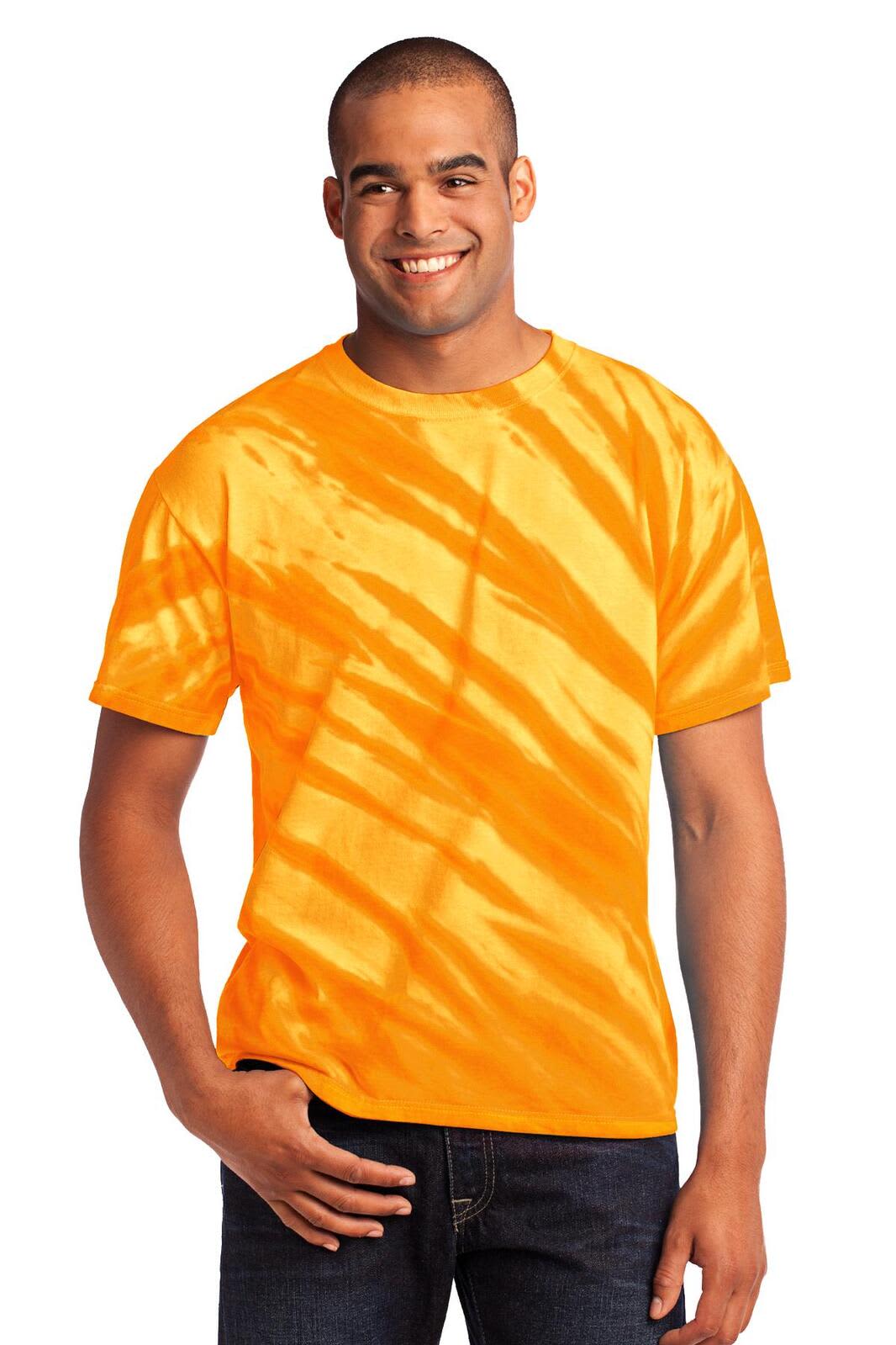 A man wearing a bright orange tie-dye T-shirt with a striped pattern, featuring a logo on the shirt.