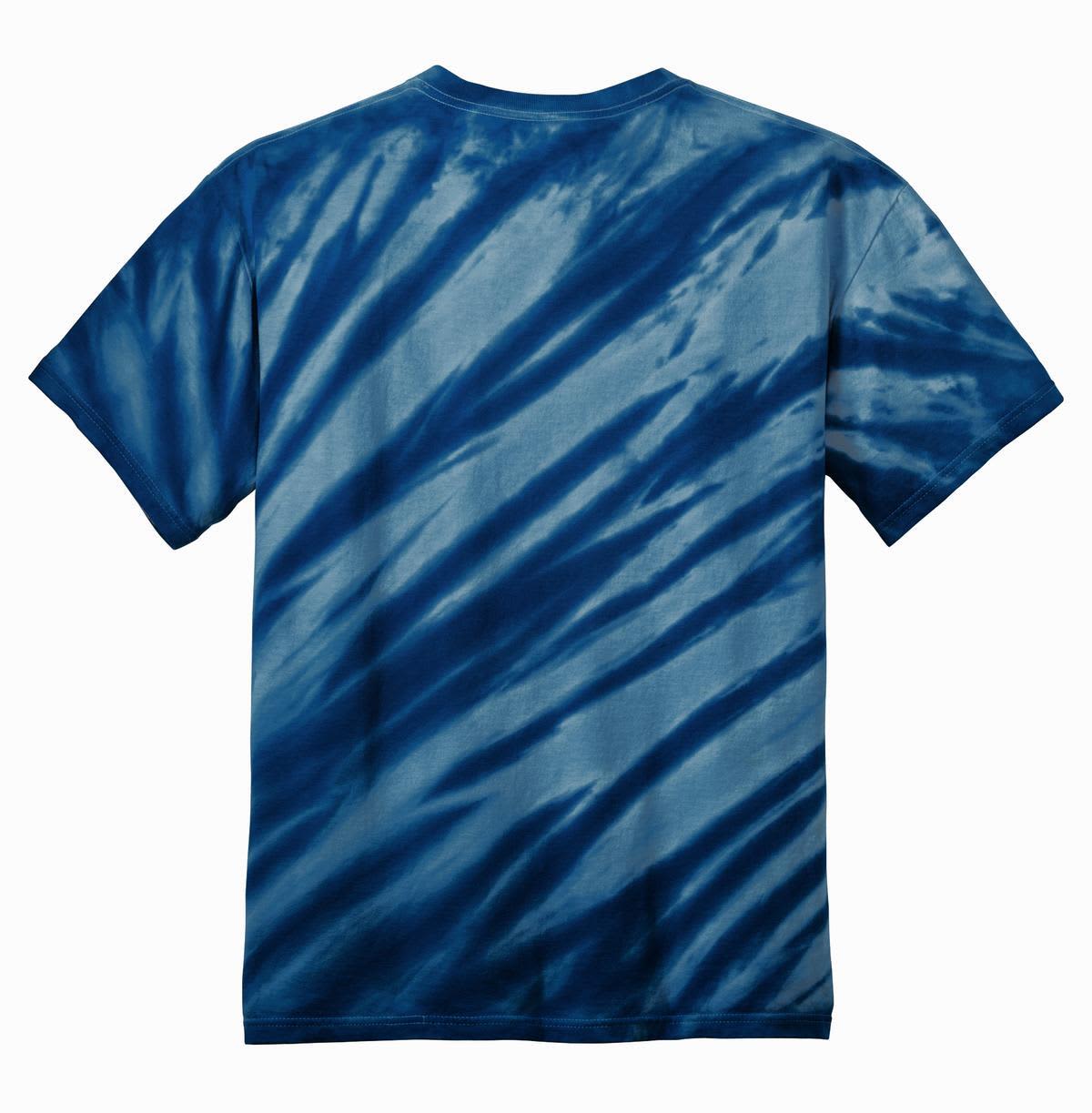 A blue tie-dye T-shirt featuring a tiger stripe pattern and a logo.