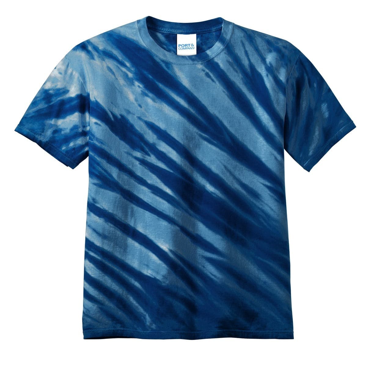 A blue tie-dye T-shirt featuring a tiger stripe pattern and a label.