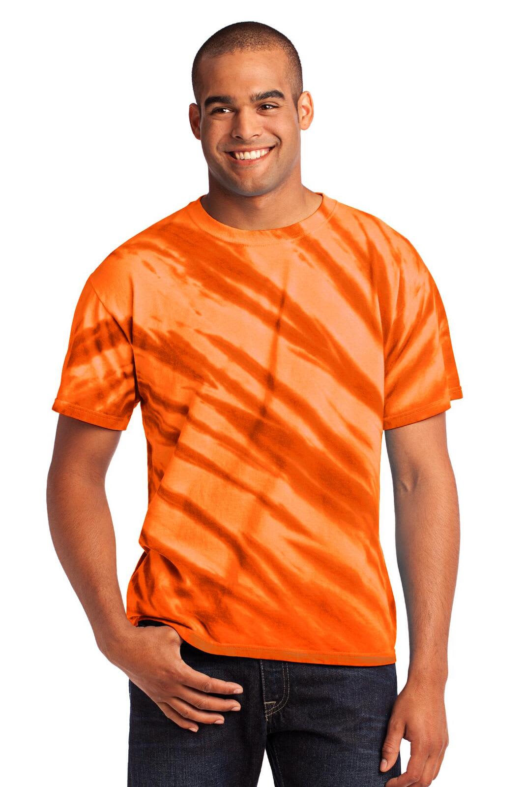 An orange tie-dye T-shirt featuring a tiger stripe pattern, worn by a smiling man. The shirt has a logo.