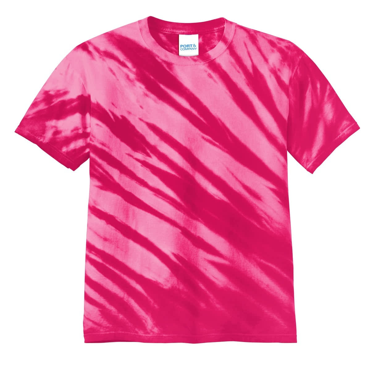 A pink tie-dye T-shirt featuring a tiger stripe pattern and a label on the neckline.