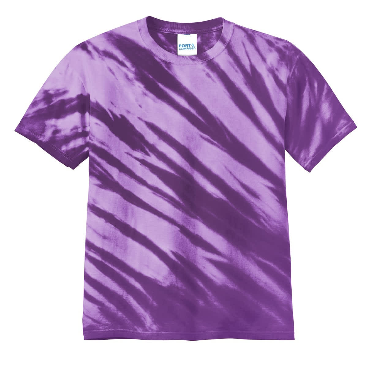 A purple tie-dye T-shirt featuring a tiger stripe pattern. The shirt has a fabric label and a relaxed fit.