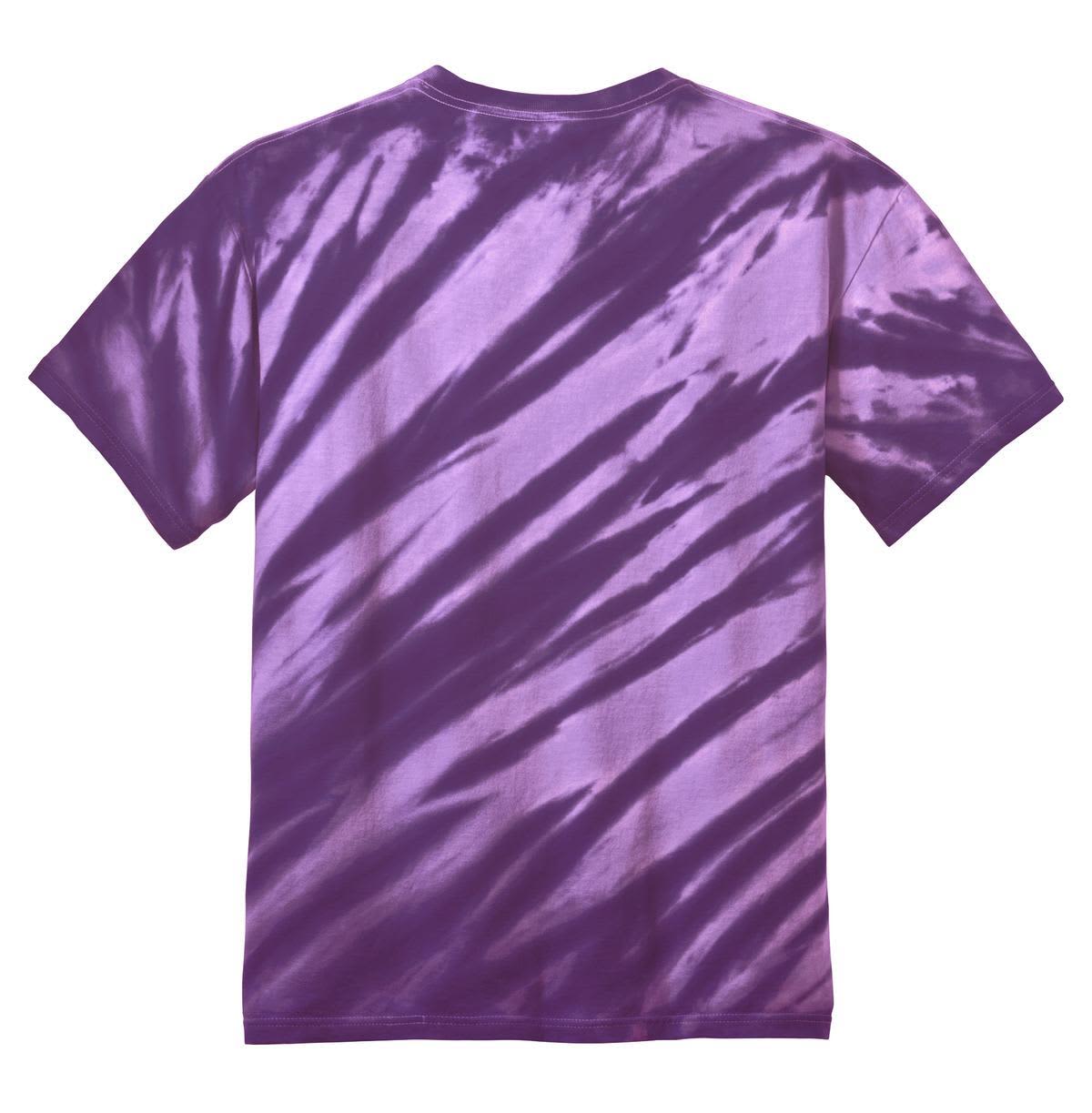 A purple tie-dye T-shirt featuring a tiger stripe pattern, with a simple logo on the back.