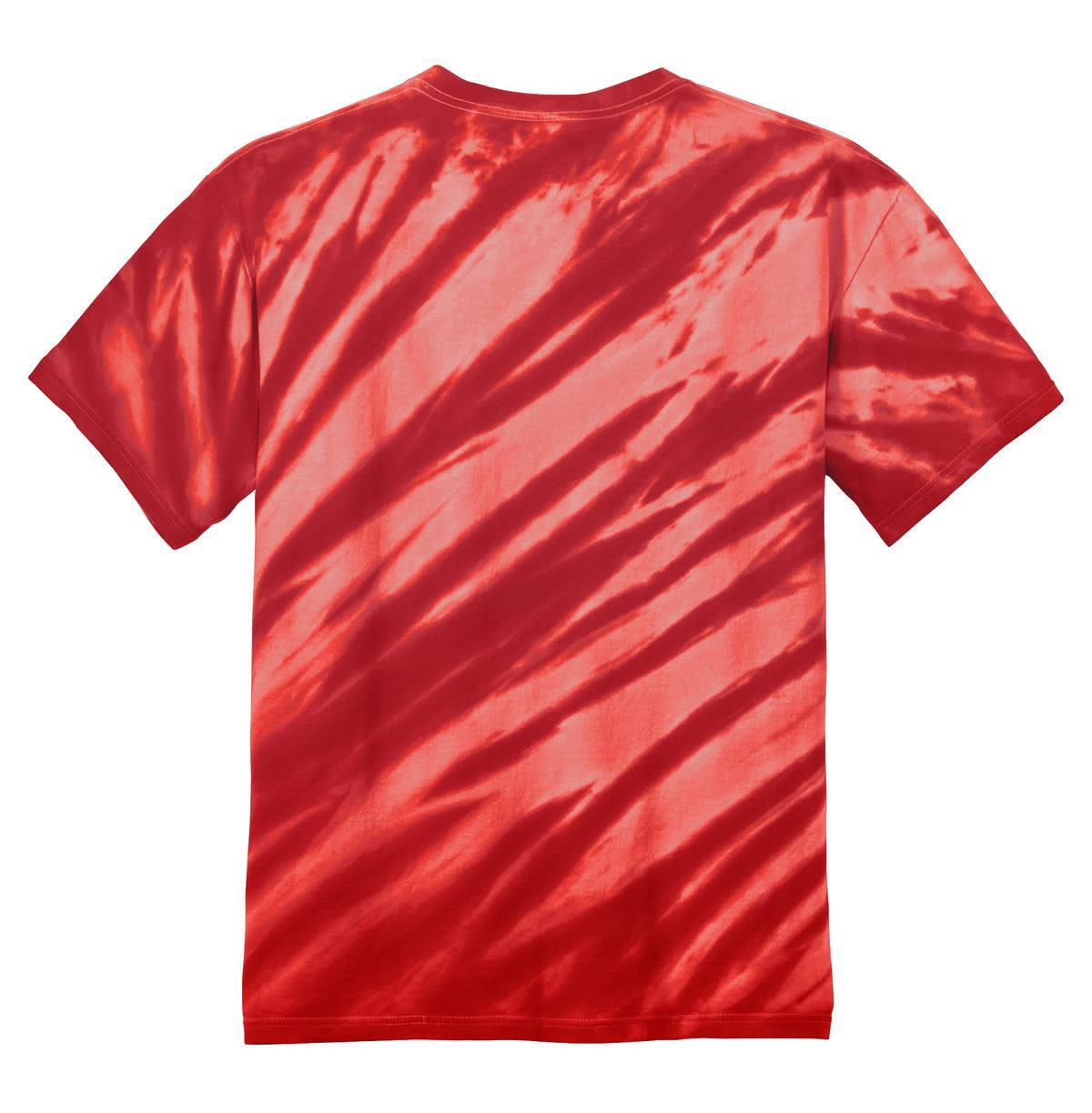 A red tie-dye t-shirt featuring a striking tiger stripe pattern and a logo.