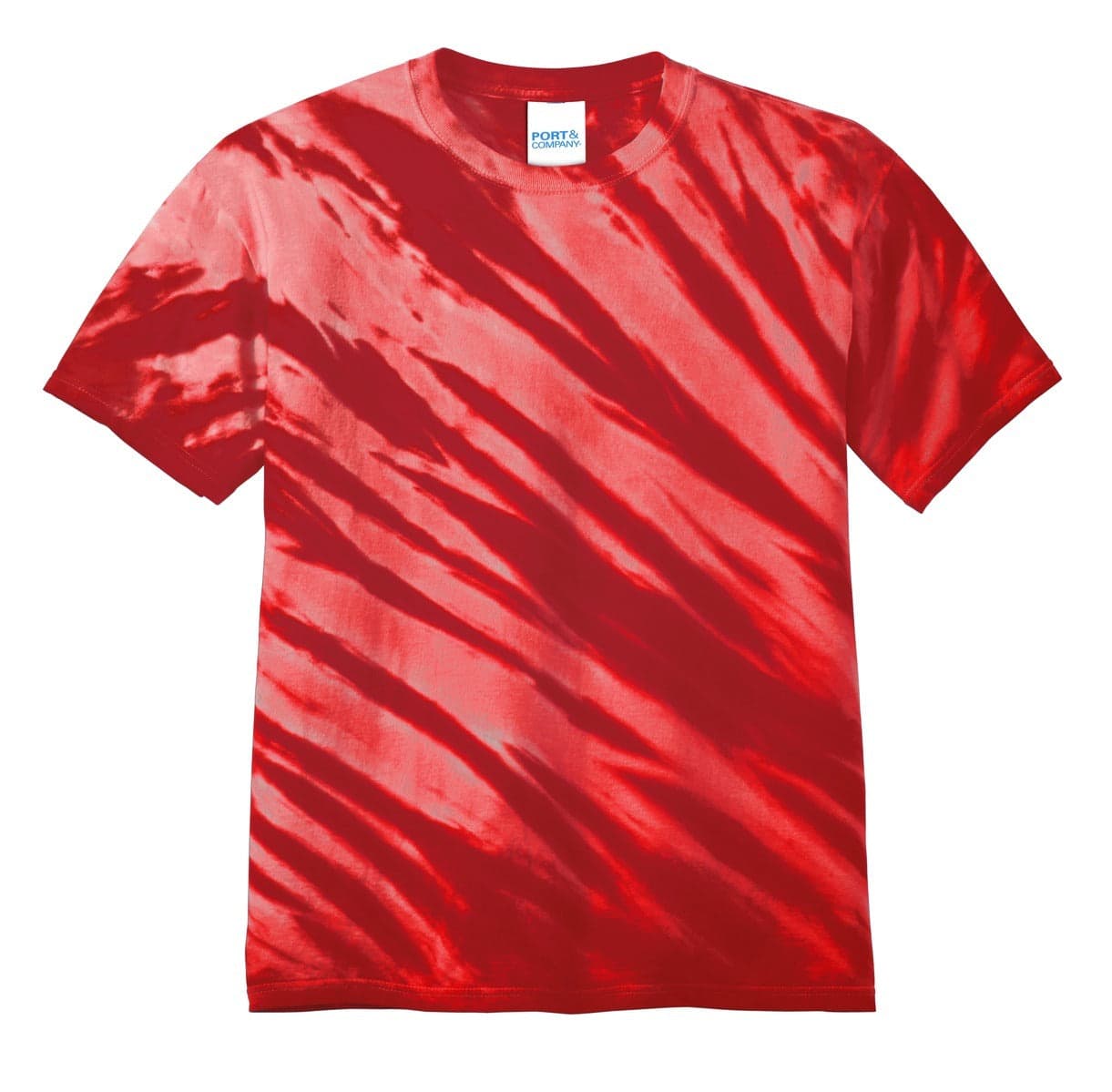 A red tie-dye T-shirt featuring a tiger stripe pattern and a logo on the label.