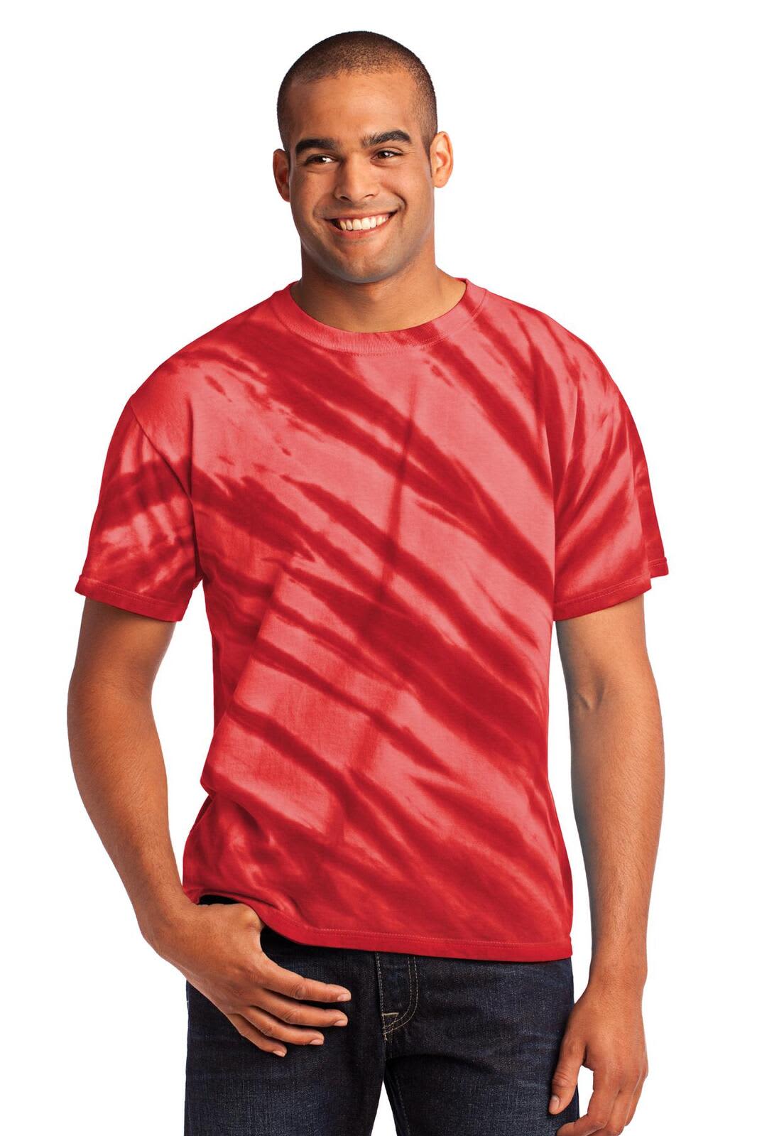 A red tie-dye t-shirt with tiger stripe patterns, worn by a smiling male model. The shirt features a logo.