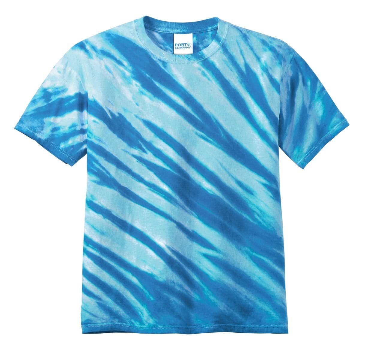 A blue tie-dye t-shirt featuring a tiger stripe pattern and a logo on the label.