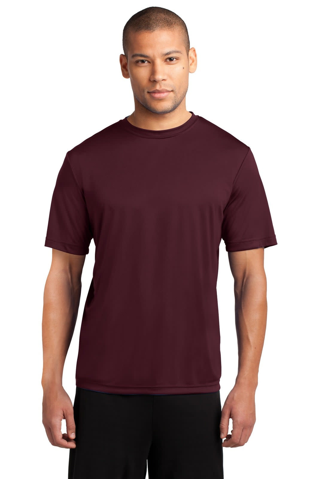 A maroon performance t-shirt with short sleeves, featuring a logo on the front.