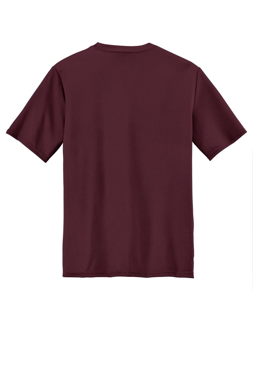 A maroon performance t-shirt featuring short sleeves and a plain back design. The shirt has a logo on it.