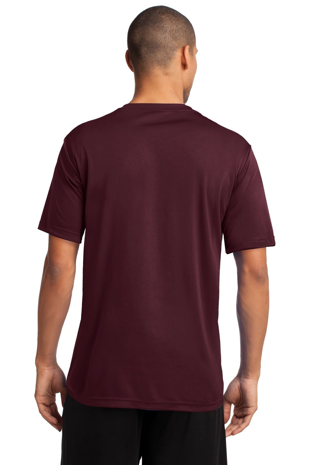A maroon performance tee with short sleeves and a simple design, featuring a logo on the back.