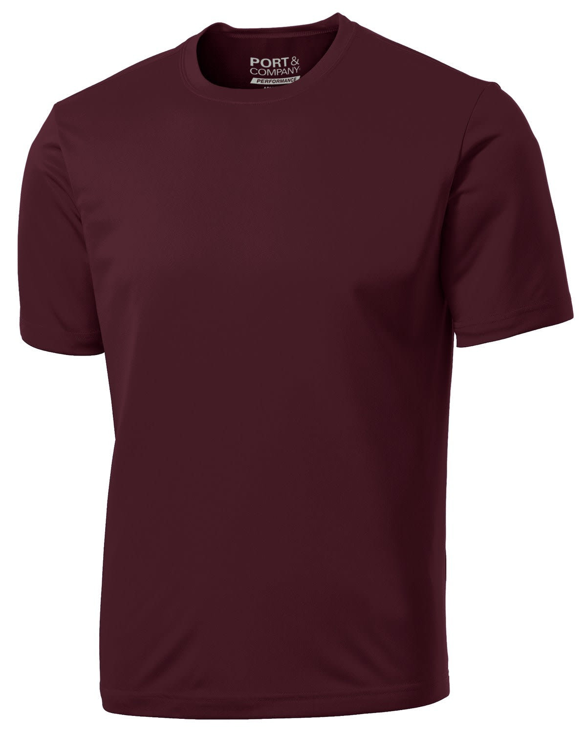 A maroon performance t-shirt with a round neckline and short sleeves, featuring a logo.