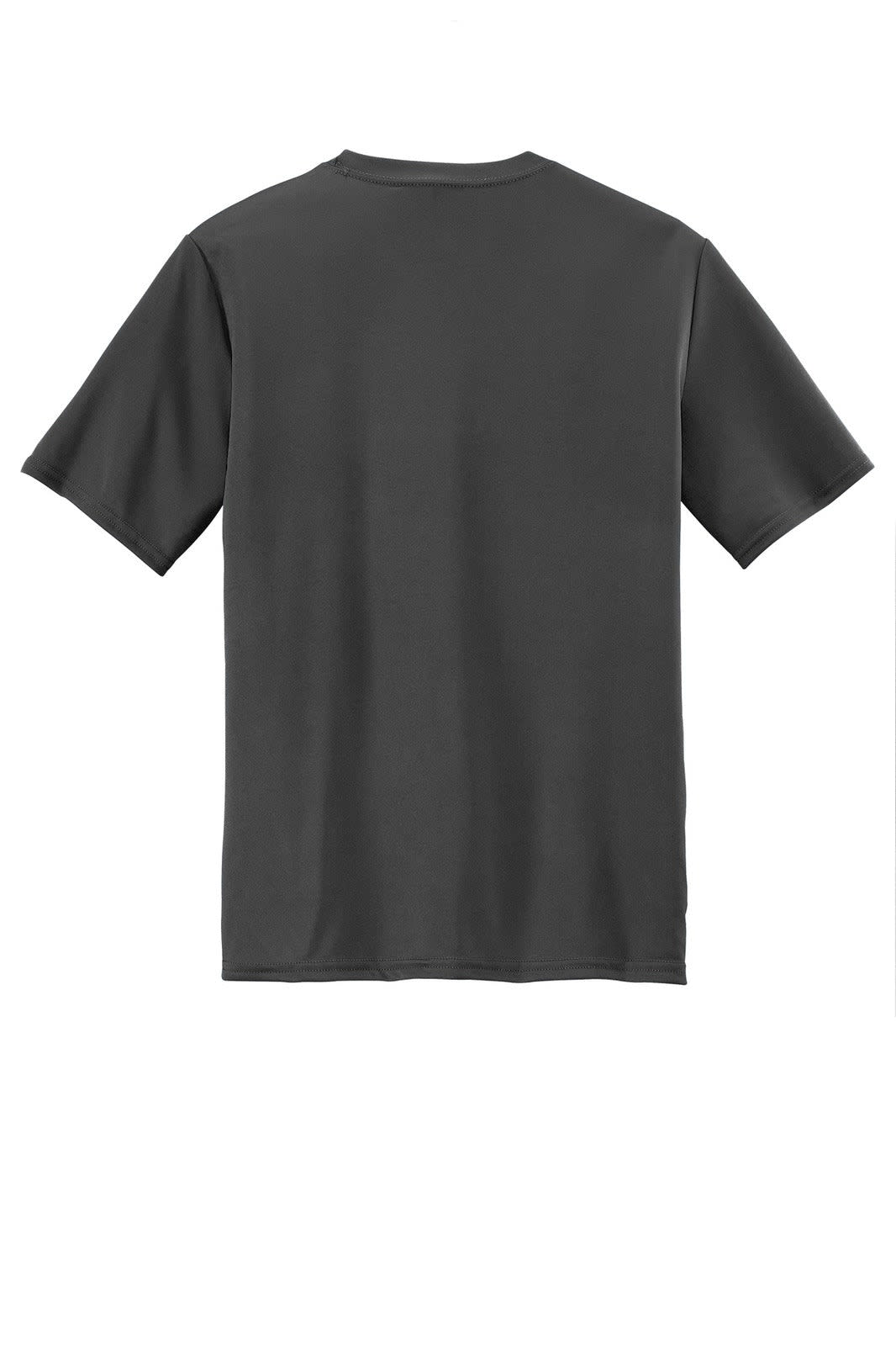 A grey performance tee with short sleeves and a plain back, featuring a logo.