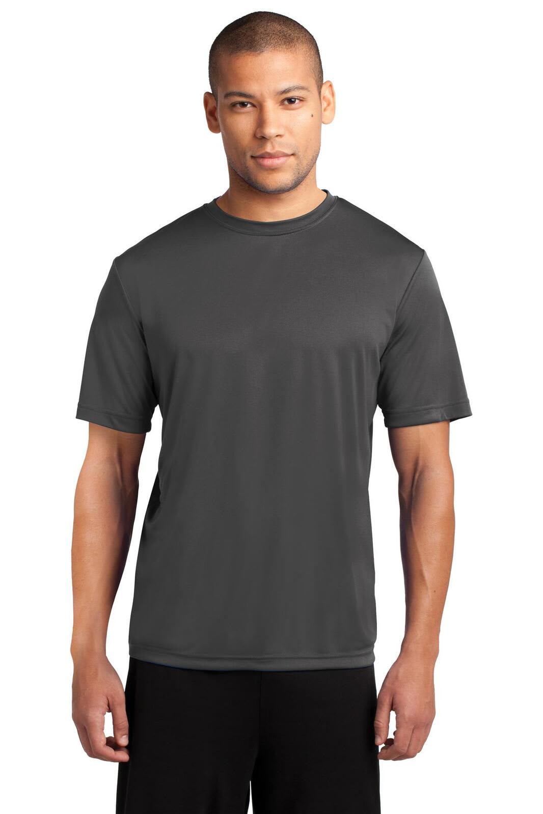 A dark grey performance tee with short sleeves, featuring a logo on the front.