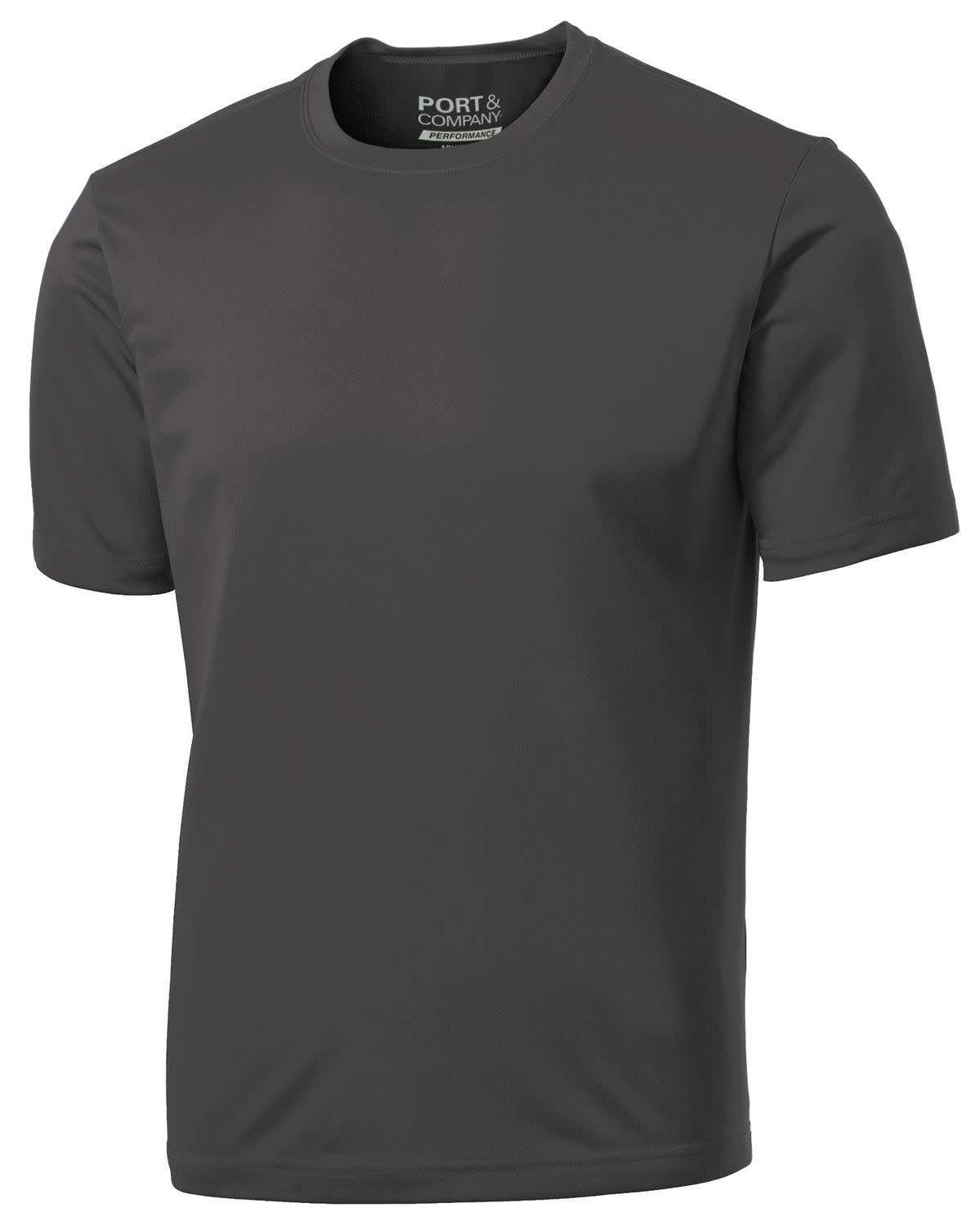 A dark grey Port & Company performance tee with short sleeves and a logo on the neckline.