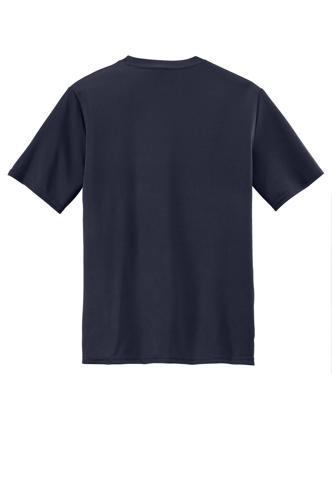 A navy blue performance tee featuring short sleeves and a plain back, with a branding logo displayed.