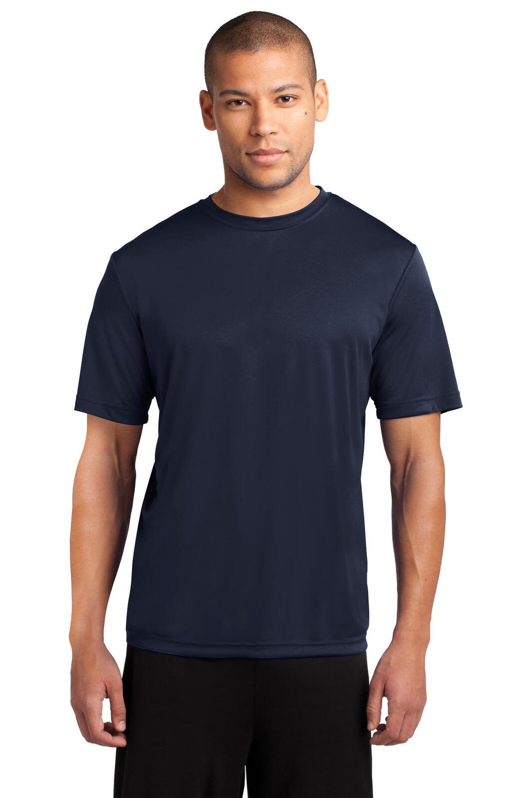 A navy blue performance t-shirt displayed on a model, with a logo on the chest area.