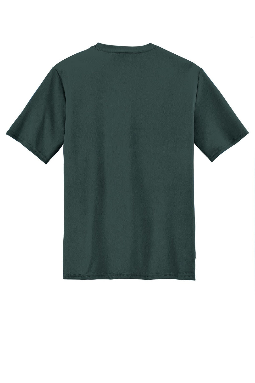 A dark green Port & Company Performance Tee with short sleeves and a plain back.