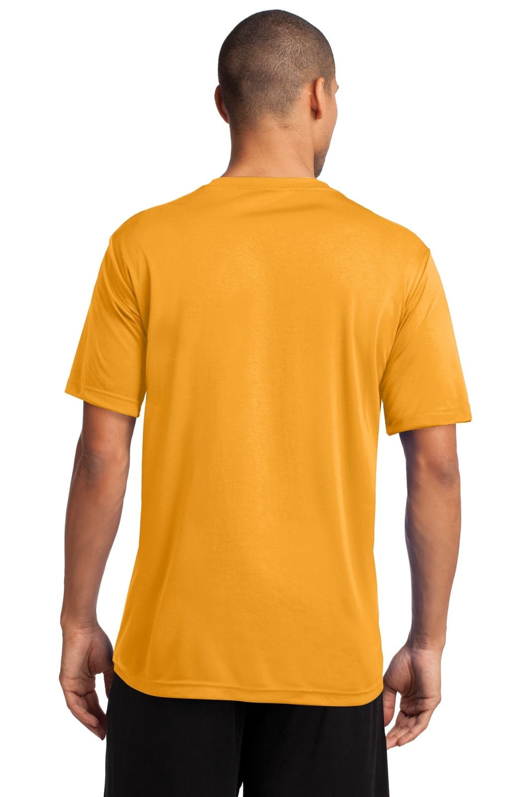 A back view of a man's yellow performance tee shirt with short sleeves and a smooth finish.