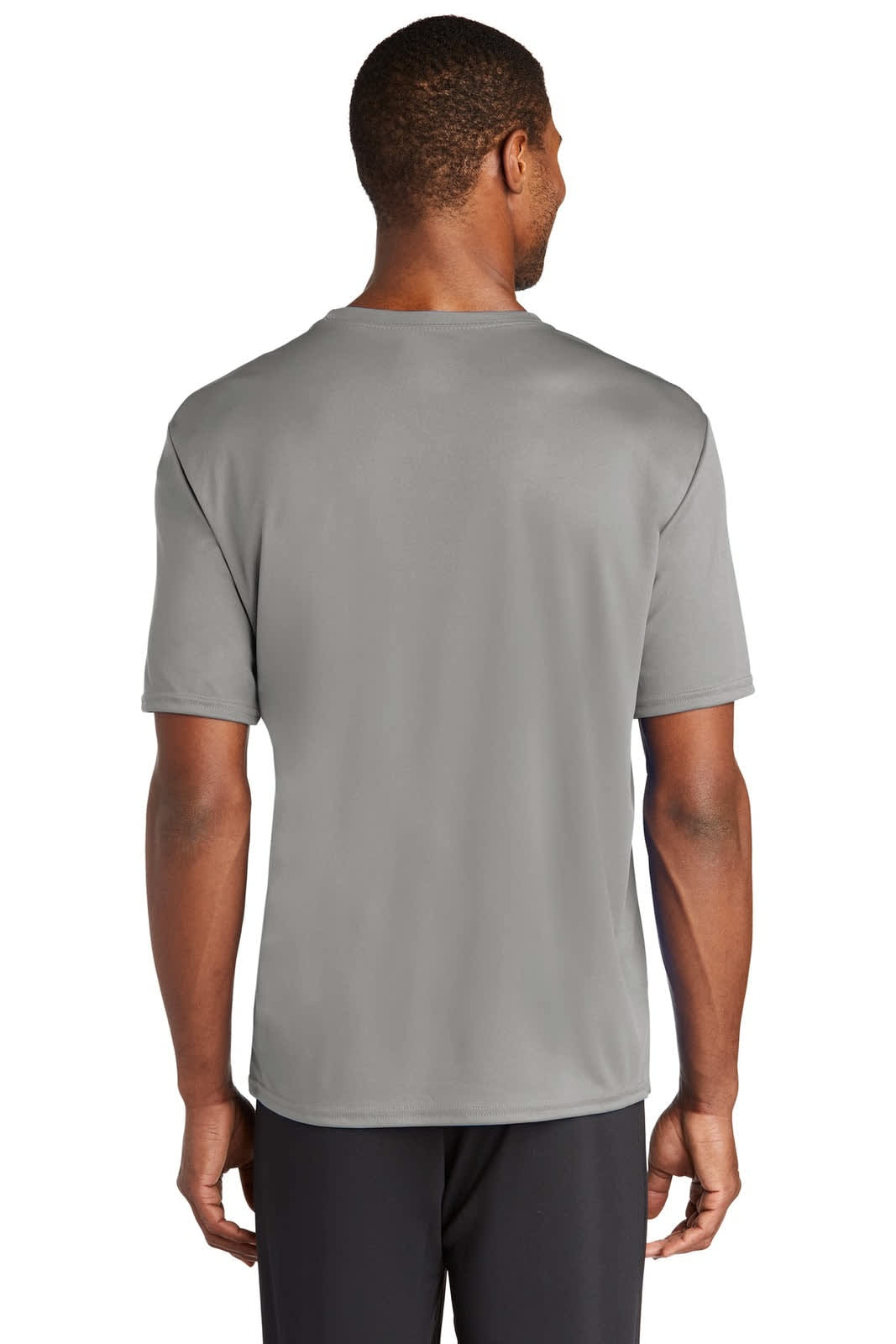 A grey performance t-shirt with a simple design, featuring a logo on the back. Ideal for casual wear or active use.