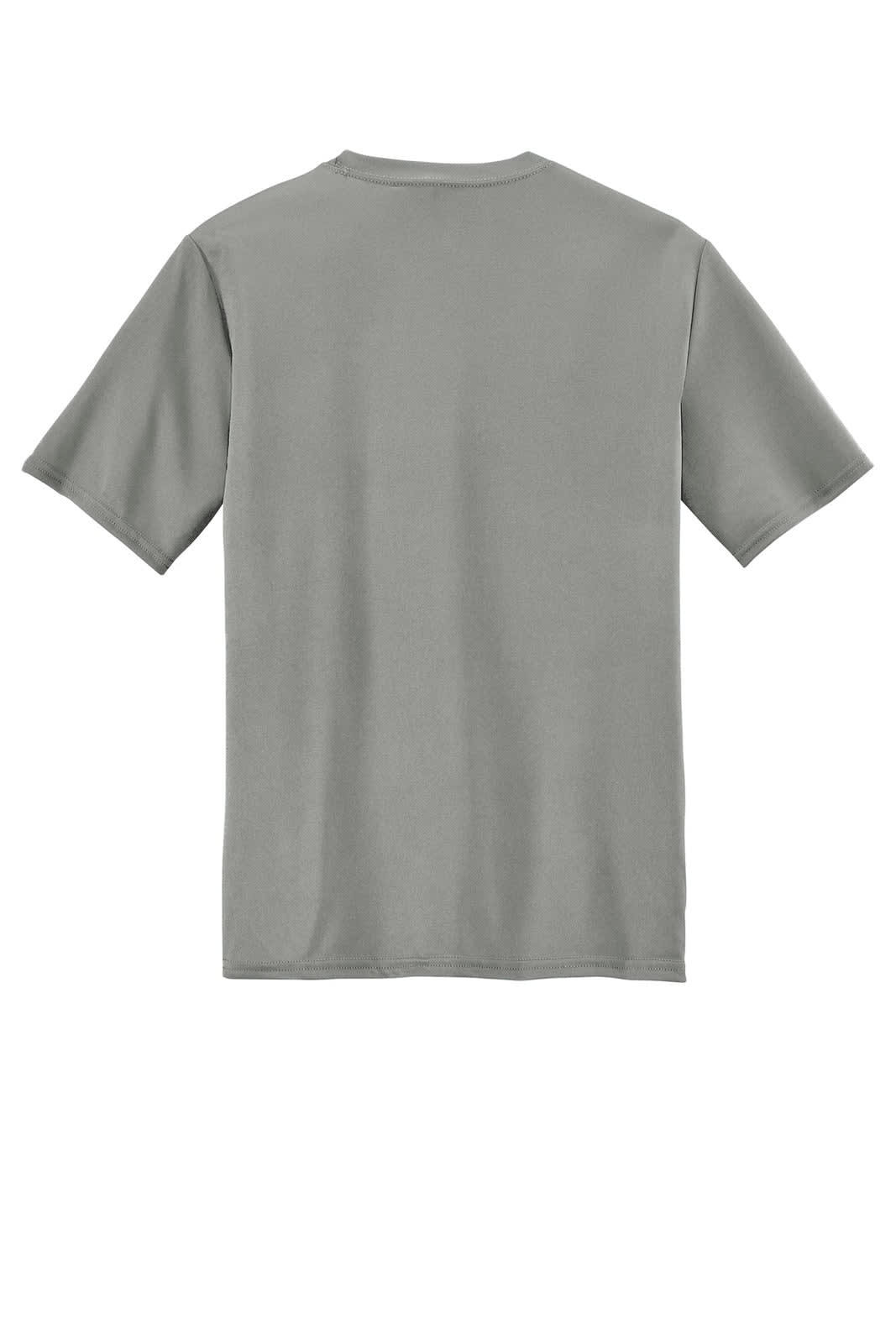 A grey Port & Company Performance Tee featuring short sleeves and a simple design. The shirt has a logo on it.