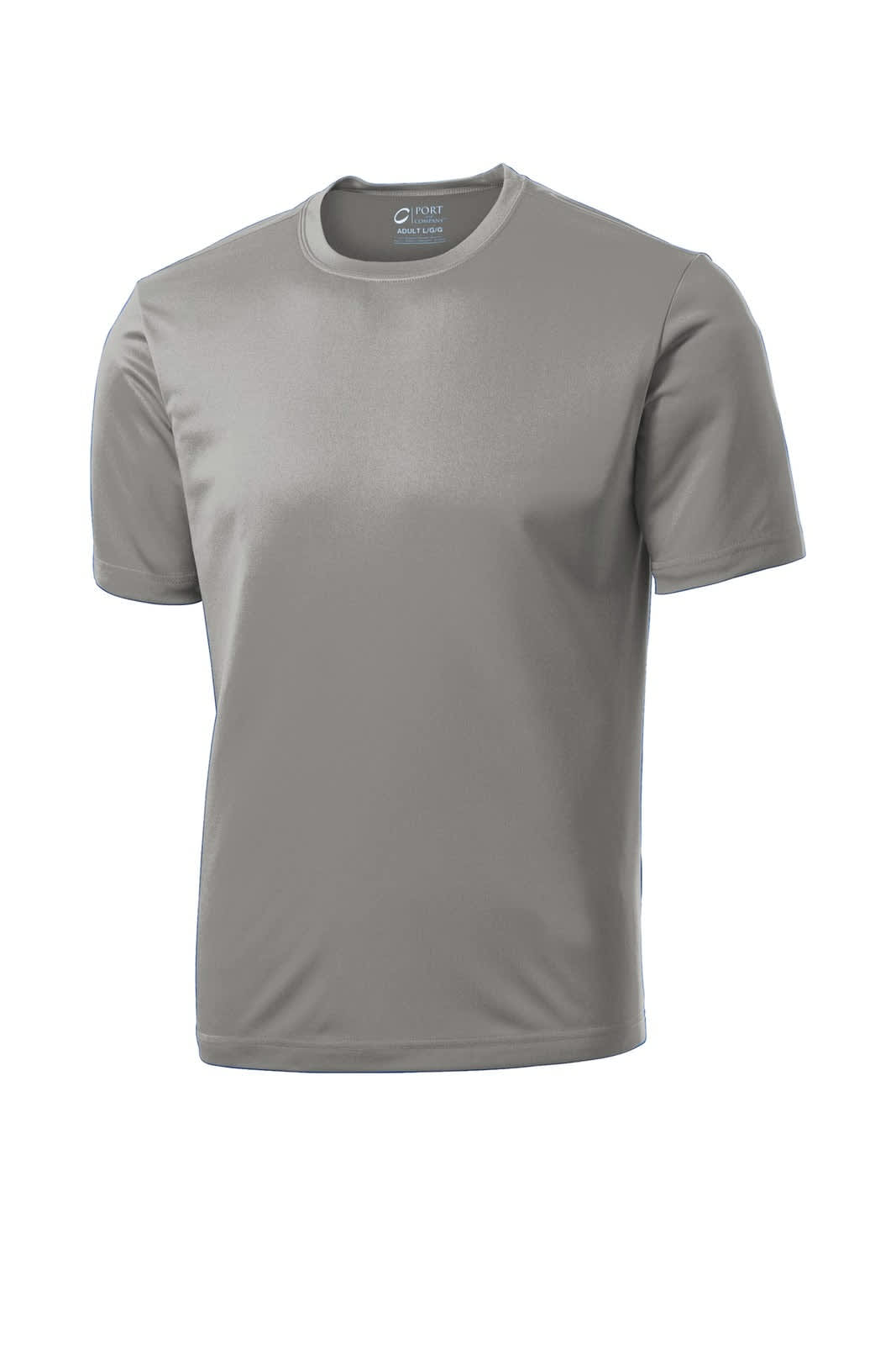 A grey performance tee, featuring a round neckline and short sleeves, with a logo on the label.