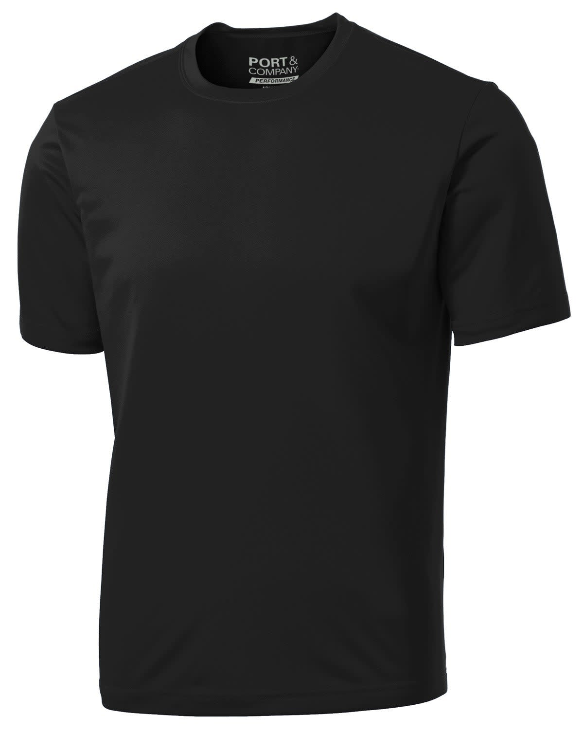 A black Port & Company performance tee with short sleeves and a simple design. Features branding on the label.