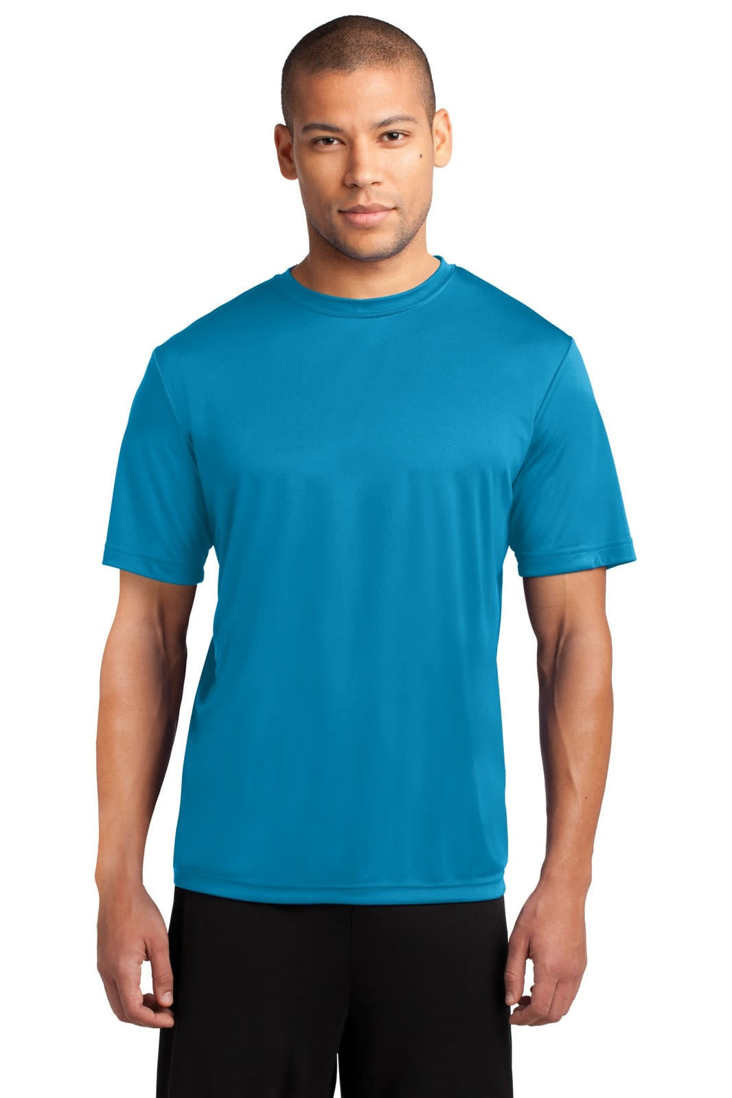 A blue performance T-shirt worn by a male model, featuring a logo on the front.