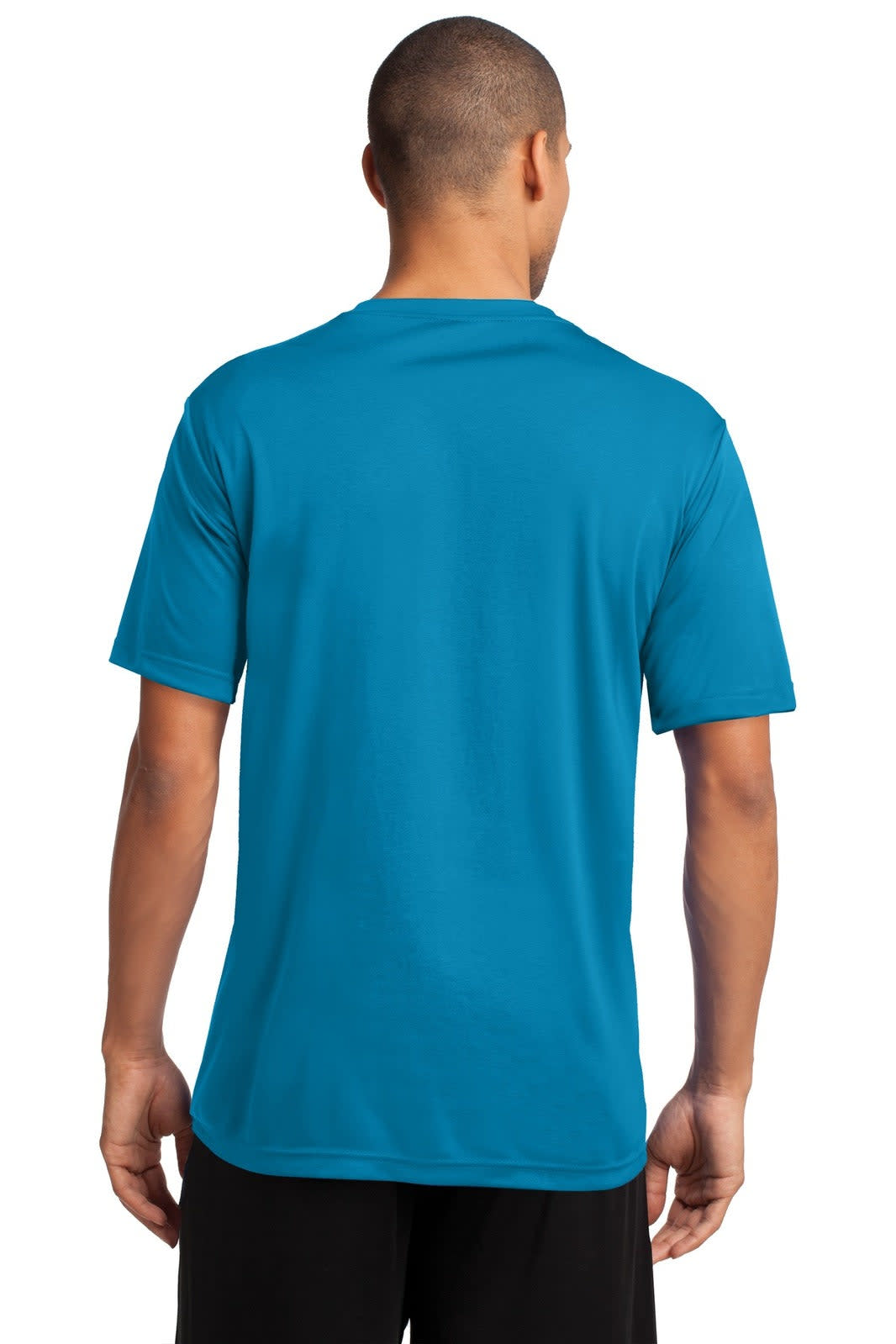 A performance tee in bright blue, featuring a standard crew neck and short sleeves, showing the back view.