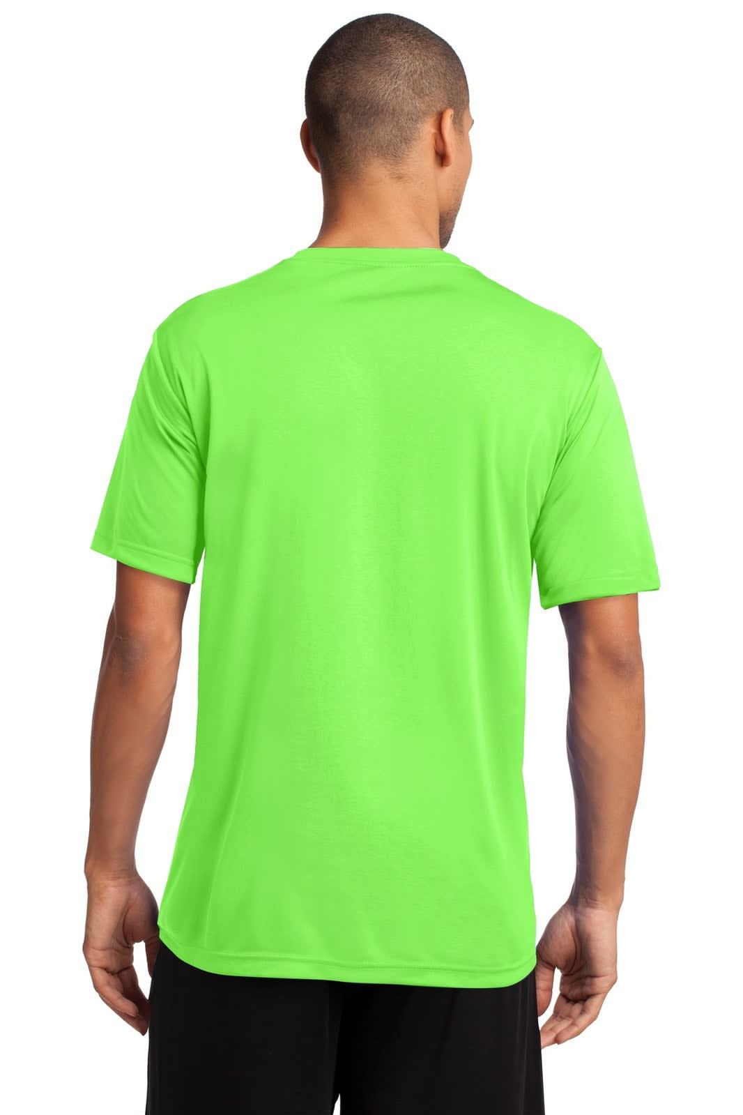 A bright green performance t-shirt featuring a plain back design and short sleeves. It has a branding logo.
