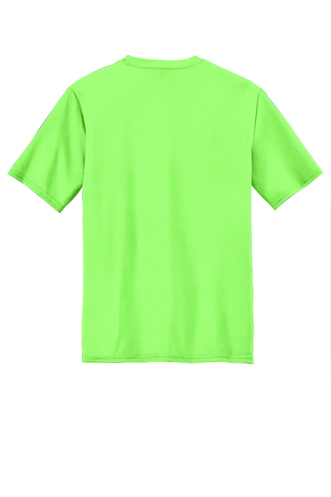 A vibrant green performance tee with short sleeves and a plain back. Features a logo.