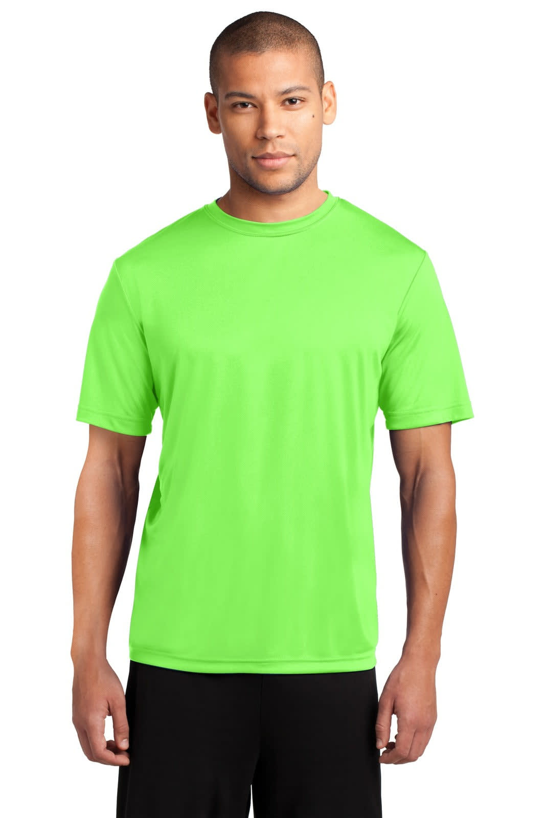 A vibrant green performance tee worn by a man, featuring a crew neck and short sleeves, with a logo present.