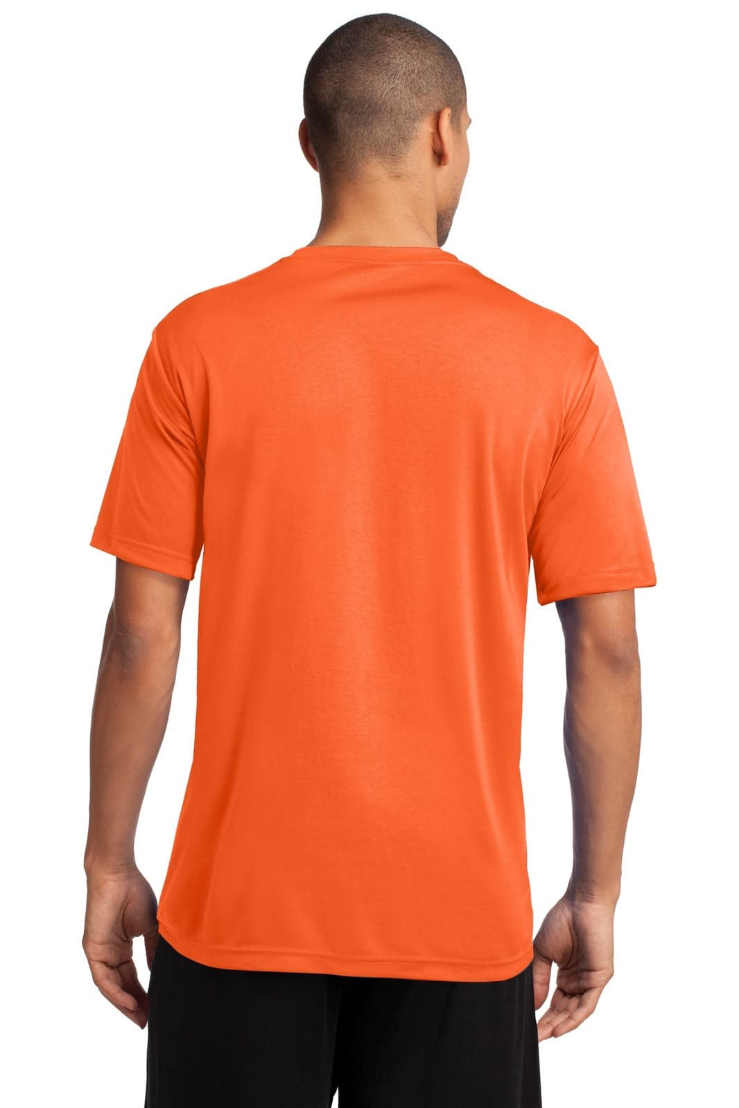 An orange performance t-shirt featuring a back view and short sleeves. It has a logo on the upper back.