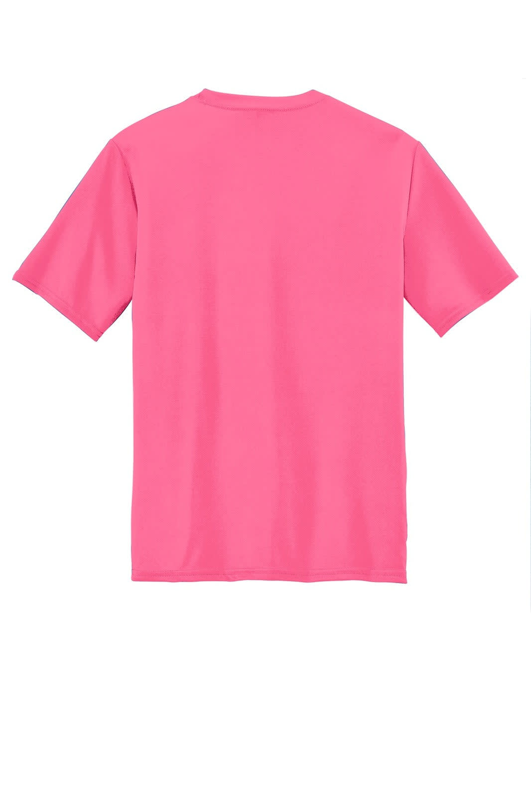 A pink performance t-shirt featuring short sleeves and a logo on the back.