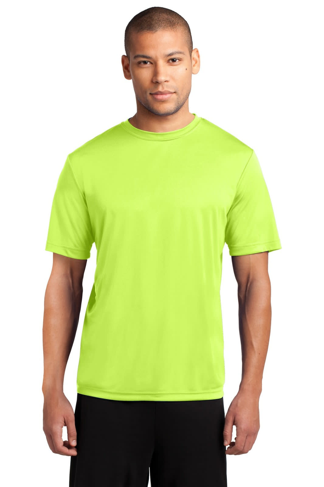 A lime green performance tee displayed on a male model, featuring short sleeves and a logo.