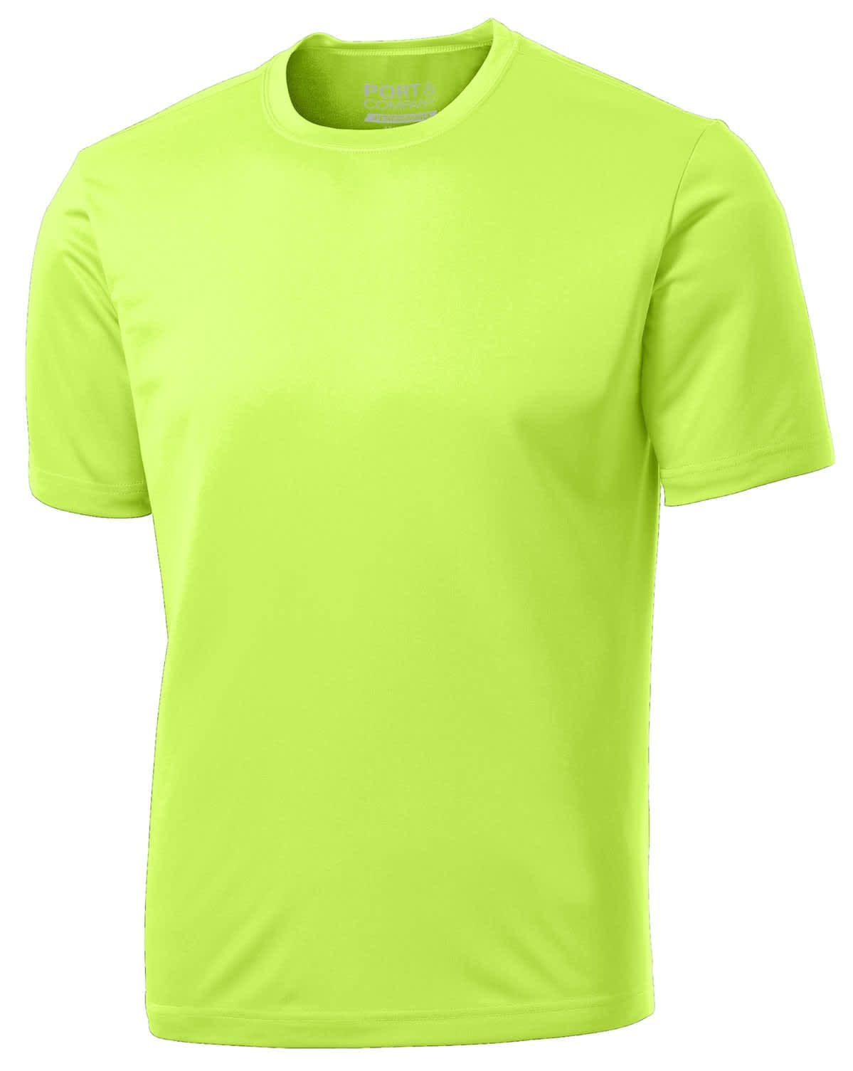 A bright neon yellow performance t-shirt featuring a logo on the front. Suitable for casual wear or active use.