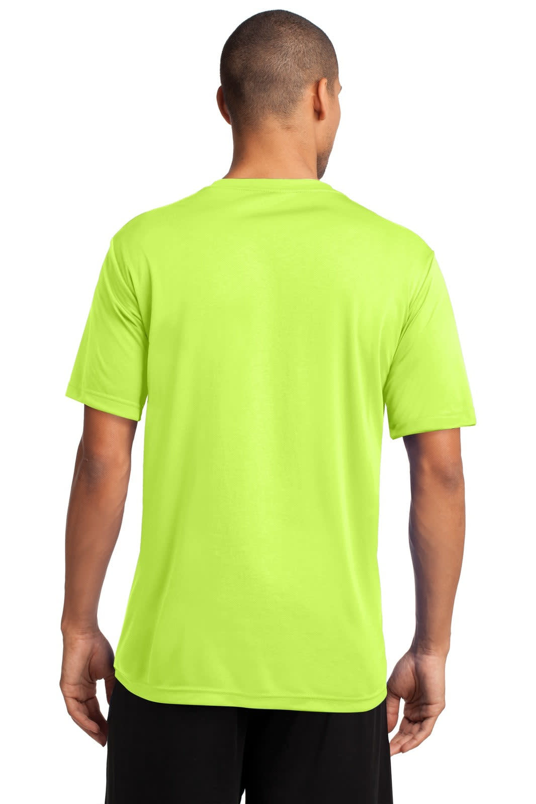 A bright lime green performance t-shirt with short sleeves and a logo on the back.