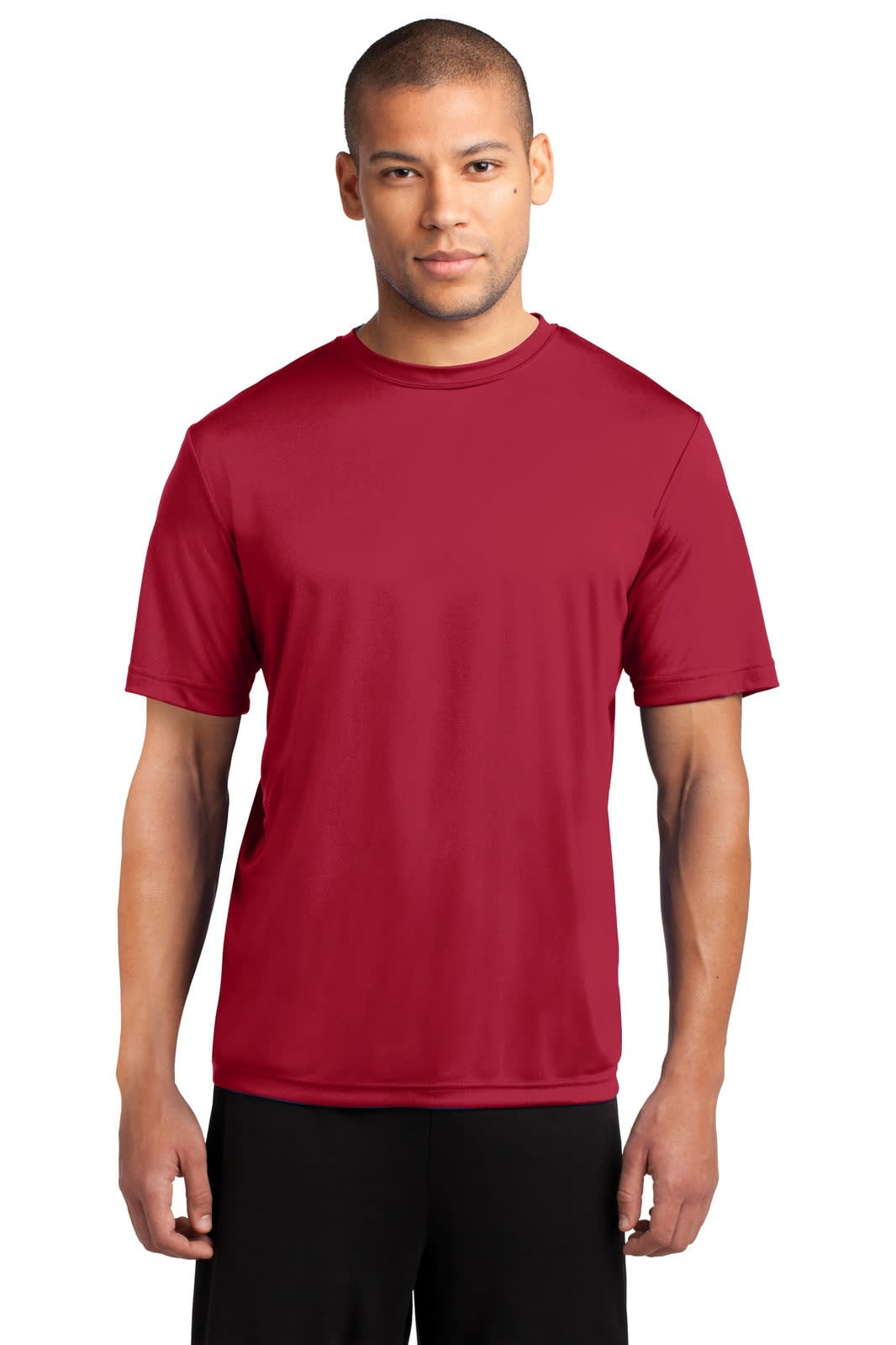 A maroon performance t-shirt is displayed on a model, featuring a logo on the front.