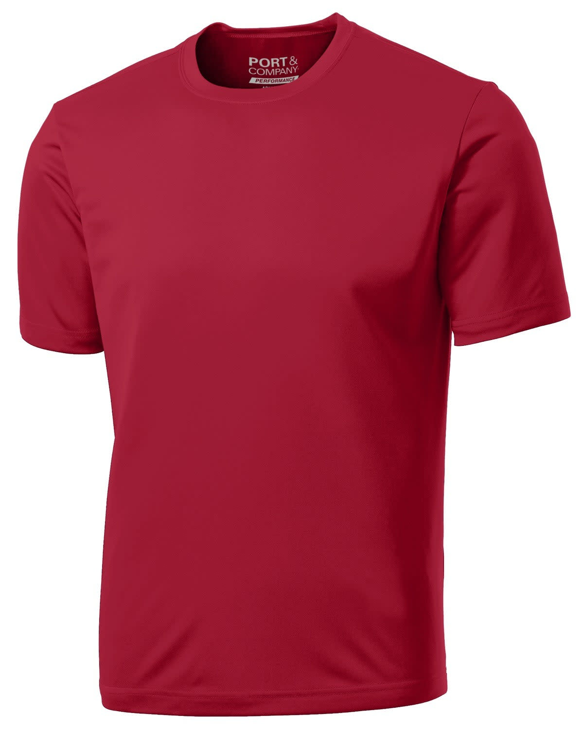 A red performance tee with short sleeves, featuring a logo on the neckline.