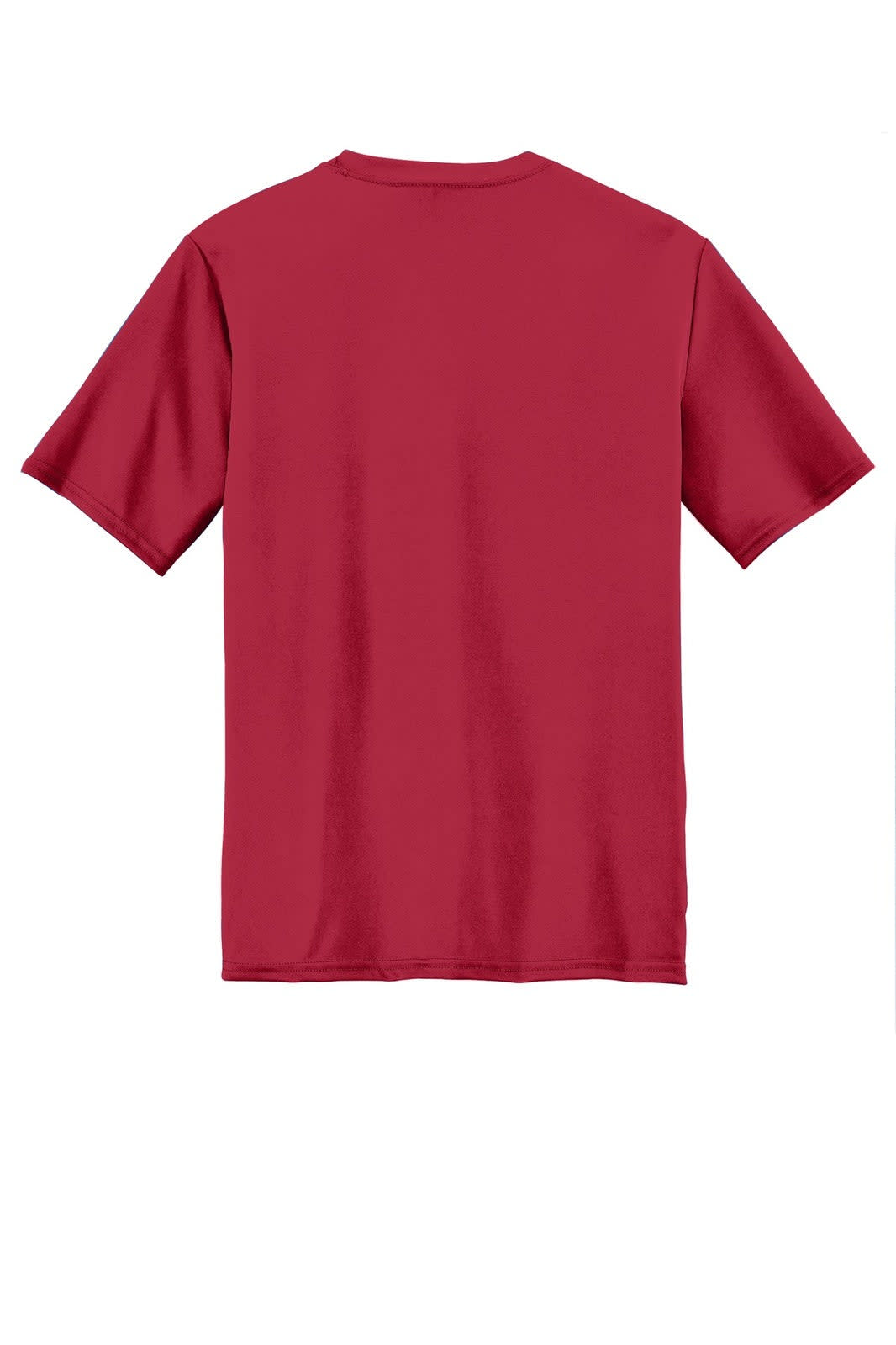 A red performance tee with short sleeves and a plain back, featuring a logo.