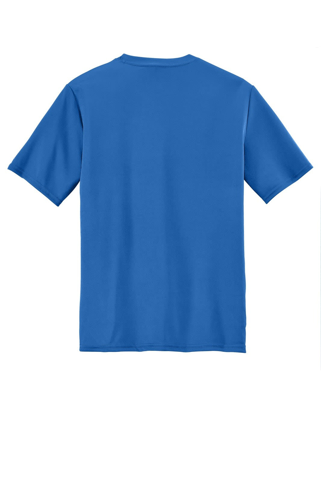 A blue performance t-shirt with short sleeves and a plain back. It features a logo on the lower side.