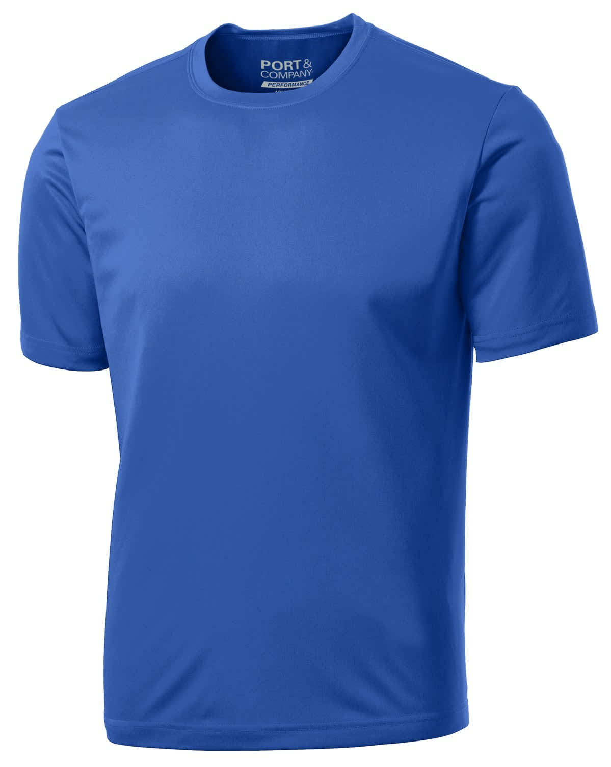A blue performance T-shirt featuring a logo, made from moisture-wicking fabric and designed for comfort.