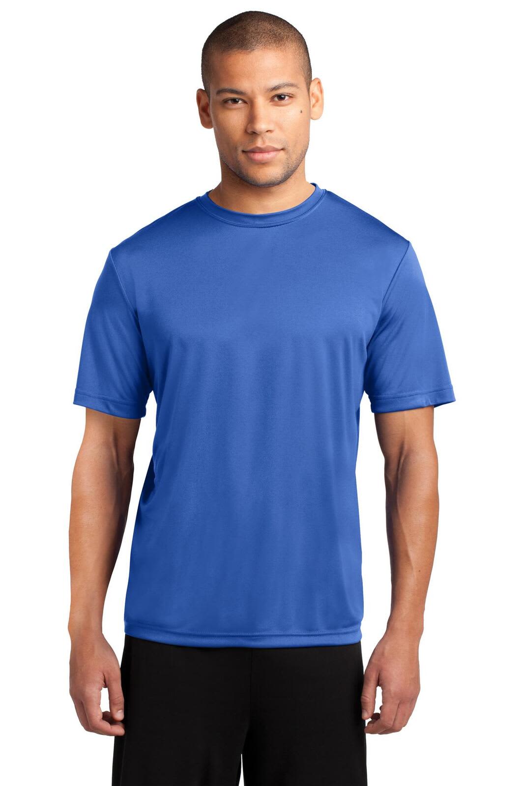 A man is wearing a blue performance tee. The shirt features a logo on the front.