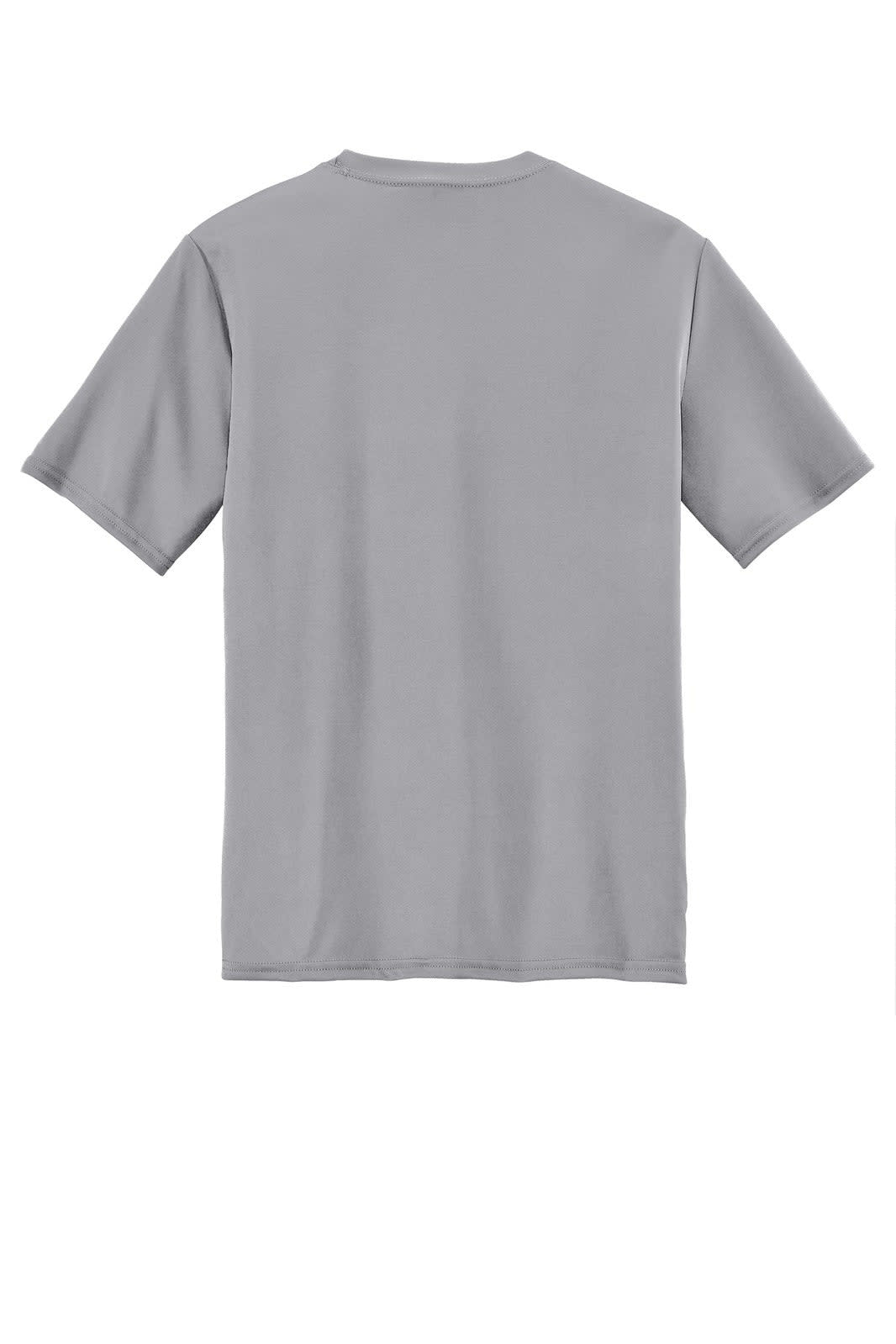 A light grey performance T-shirt featuring short sleeves and a plain back. It has a small logo branding.
