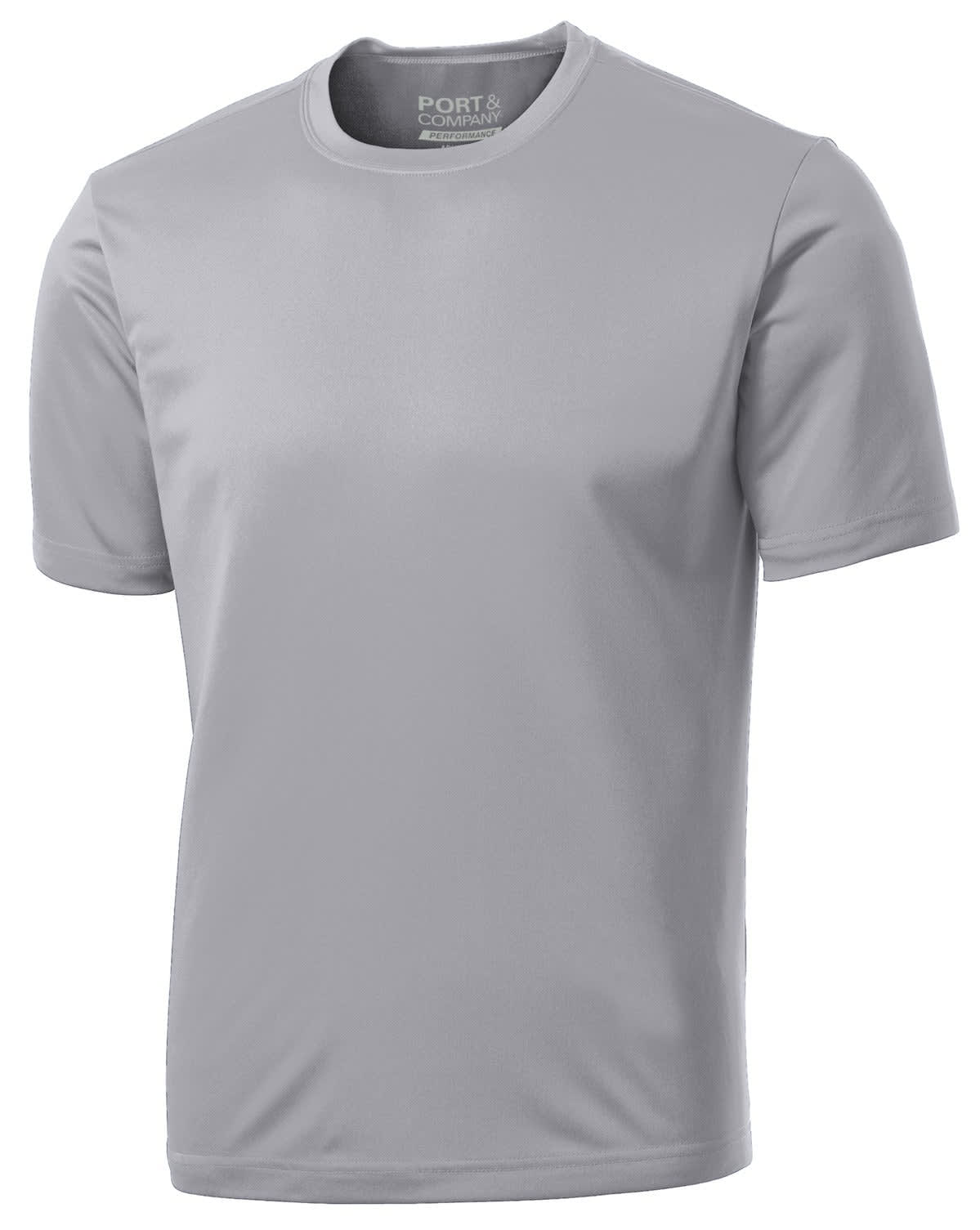 A grey performance tee with short sleeves and a round neckline, featuring a logo.