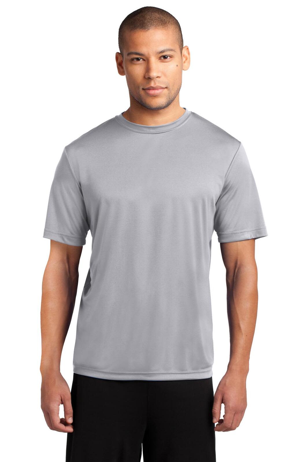 A grey performance tee with a crew neckline and short sleeves, featuring a logo on the front.