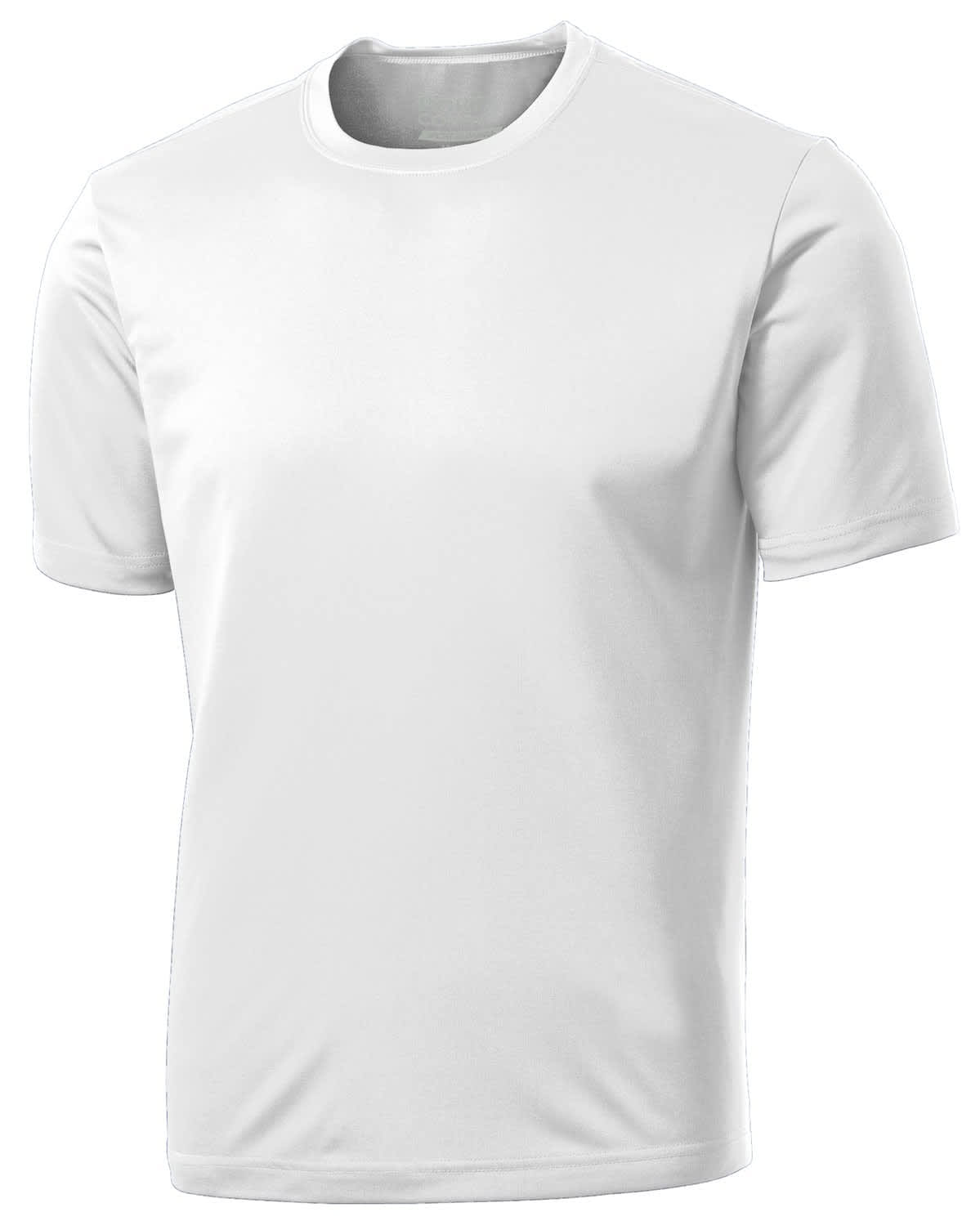 A white performance t-shirt with a classic crew neck, featuring a logo on the front.