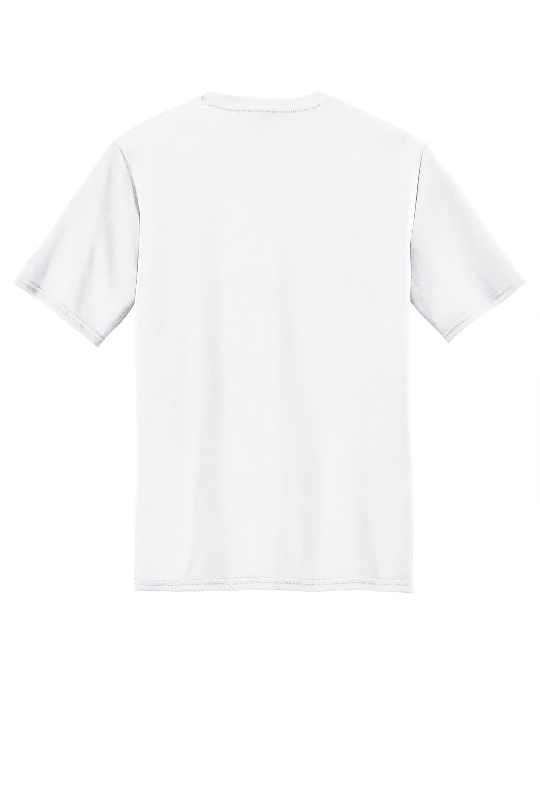 A plain white performance t-shirt with short sleeves and a logo on the back.